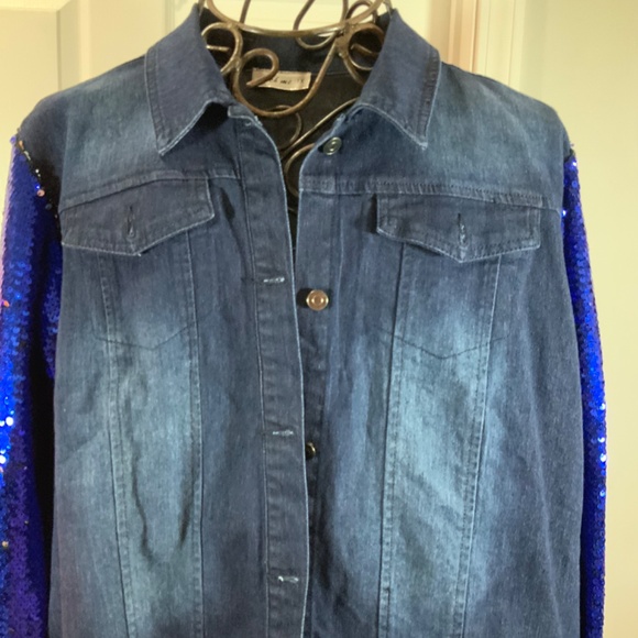 Touch Me Blue Sequin Denim Glitter Sleeve Jacket Plus Size 1X - Picture 2 of 8